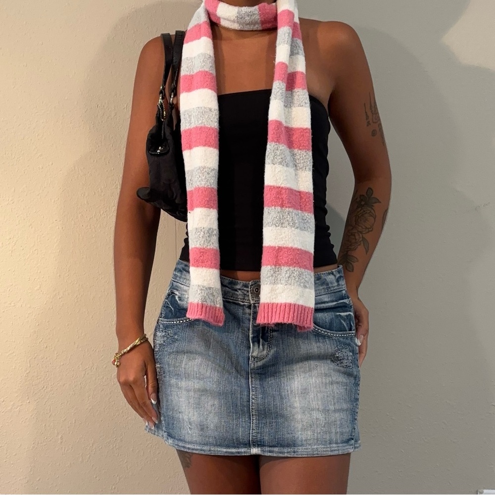 y2k Pink Grey White Skinny Striped Knit Soft Scarf